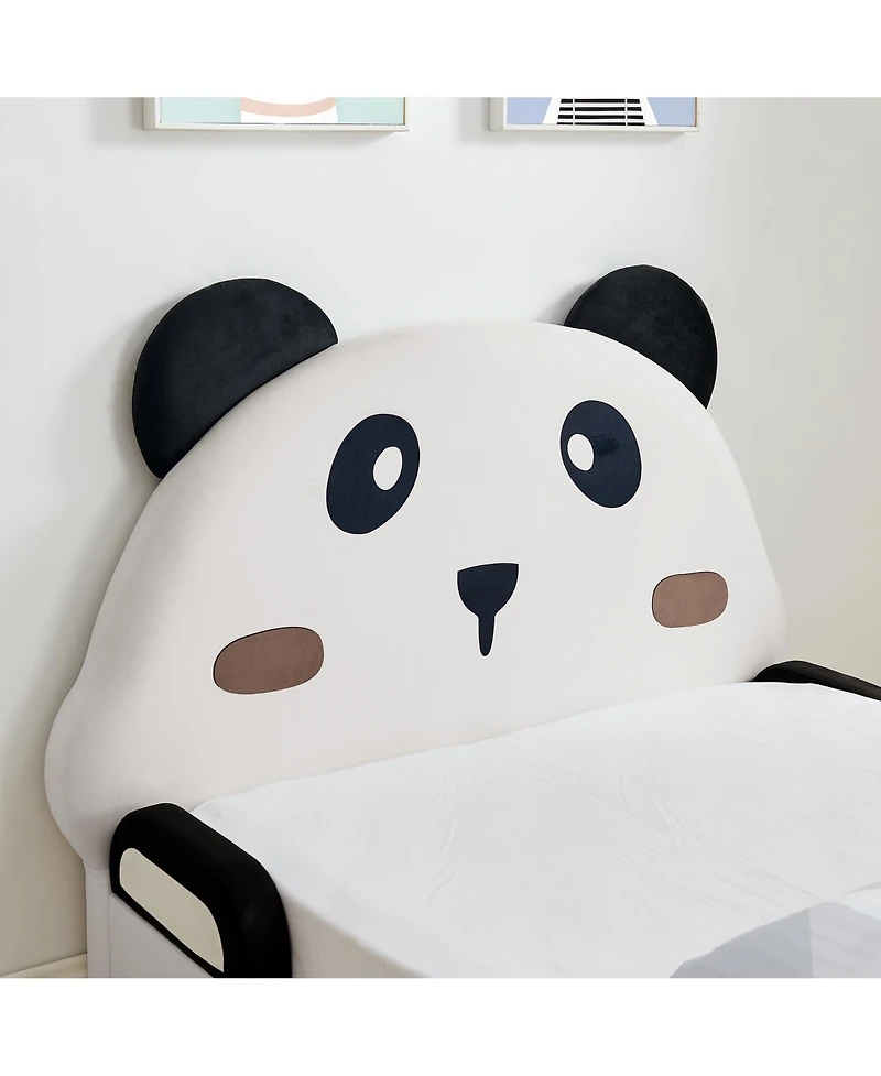 Rainsken Twin Size Upholstered Platform Bed, Solid Wood Kids Bed Frame with Cute Panda-Shaped Headboard, Safety Soft Padded Edges for Children