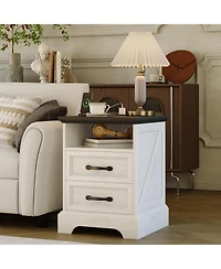 homfan Rustic Farmhouse Bedside Table with Charging Station, 2 Drawers, Usb and Ac Power Outlets, Durable Mdf Material, Metal Handles