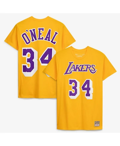 Mitchell & Ness Men's and Women's Shaquille O'Neal Gold Los Angeles Lakers Hardwood Classics Name Number T-Shirt