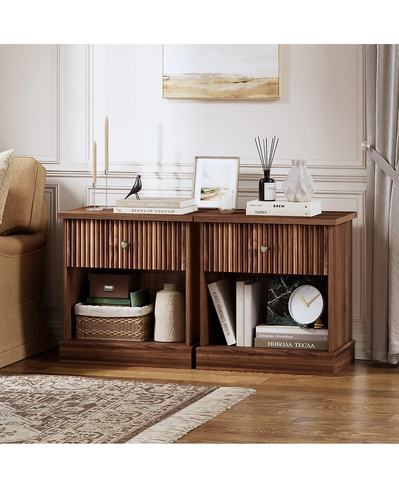 homfan Mid Century Modern Fluted Bedside Cabinet with Drawer, Space Saving Bedside Table with Large Storage for Bedroom and Living Room