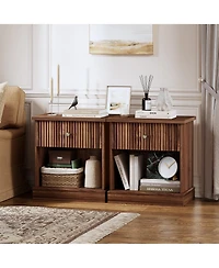 homfan Mid Century Modern Fluted Bedside Cabinet with Drawer, Space Saving Bedside Table with Large Storage for Bedroom and Living Room