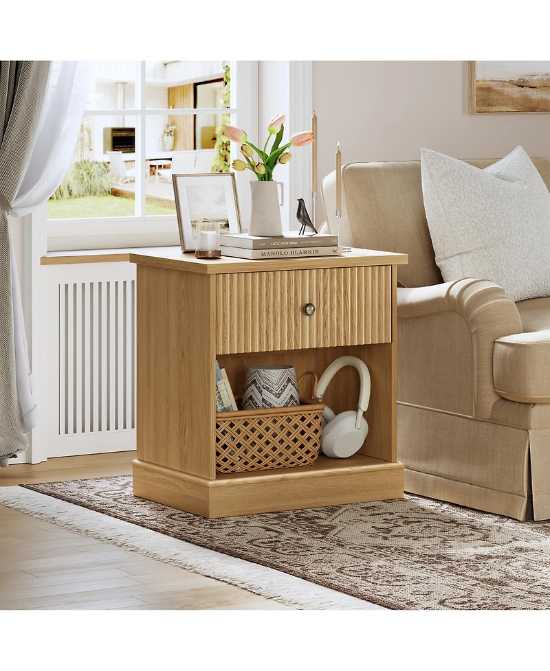 homfan Mid Century Modern Fluted Bedside Cabinet with Drawer, Space Saving Table Large Storage for Bedroom and Living Room