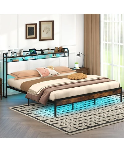 Gymax King Size Bed Frame w/Led Light and Charging Station Heavy Duty Metal Platform Bed