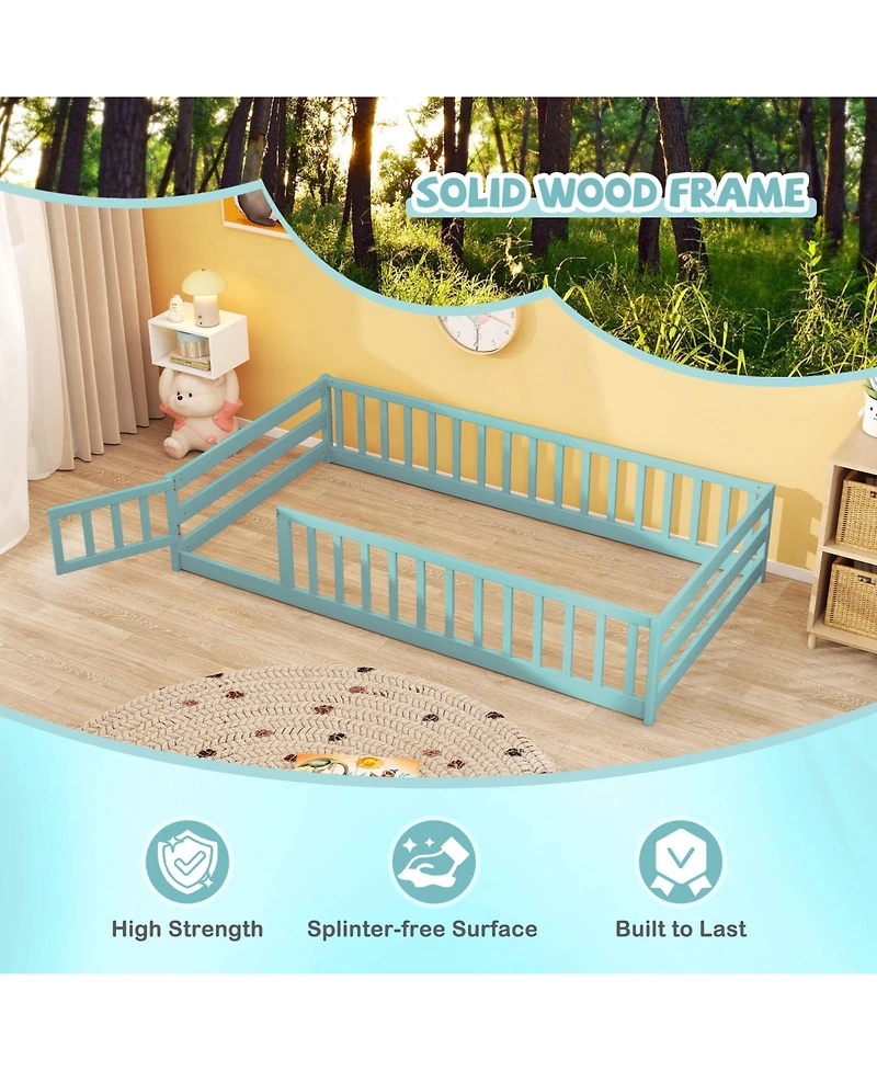 Sugift Twin Size Montessori Floor Bed Frame with Full Length Safety Guardrails
