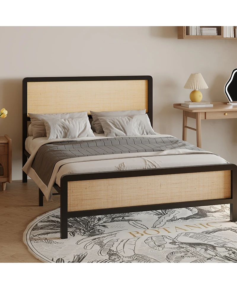 homfan Rattan Platform Bed Frame with Curved Headboard and Footboard, Metal Slat Support, Underbed Storage, No Box Spring Needed