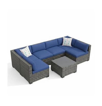 homfan 7-Piece Outdoor Sectional Set with Pe Rattan Wicker, Thick Cushions and Tempered Glass Coffee Table, Modular Patio Seating