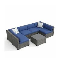homfan 7-Piece Outdoor Sectional Set with Pe Rattan Wicker, Thick Cushions and Tempered Glass Coffee Table, Modular Patio Seating