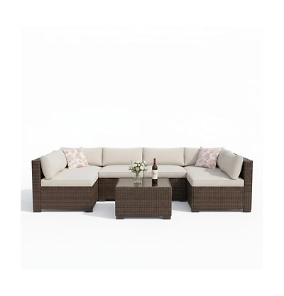 homfan 7-Piece Outdoor Sectional Set with Pe Rattan Wicker, Thick Cushions and Tempered Glass Coffee Table, Modular Patio Seating