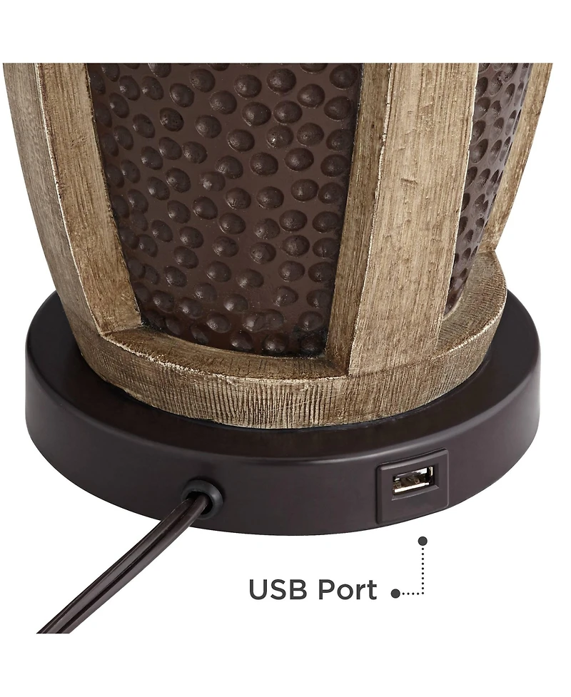 John Timberland Parker Industrial Table Lamps Set of 2 with Square Risers 30" Tall Bronze Wood Usb Charging Port Oatmeal Drum Shade for Living Room