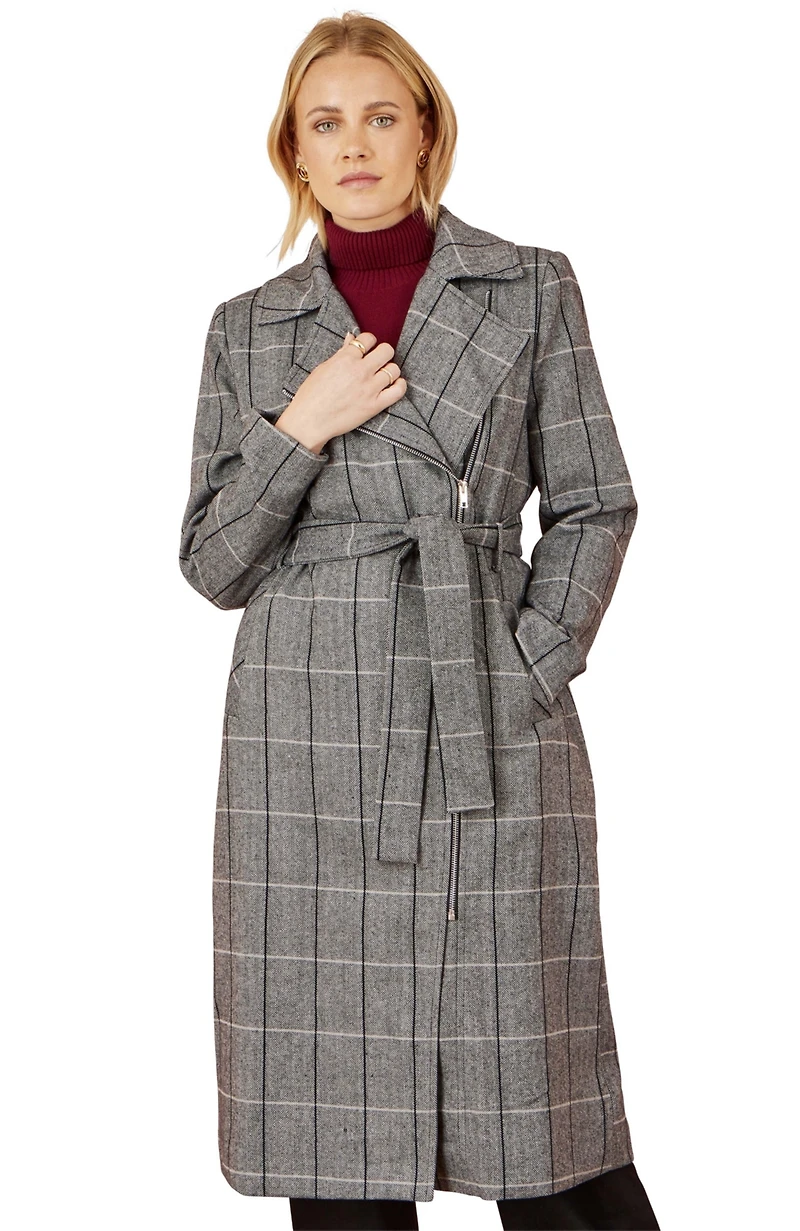Yumi Women's Check Oversize Long Biker Coat