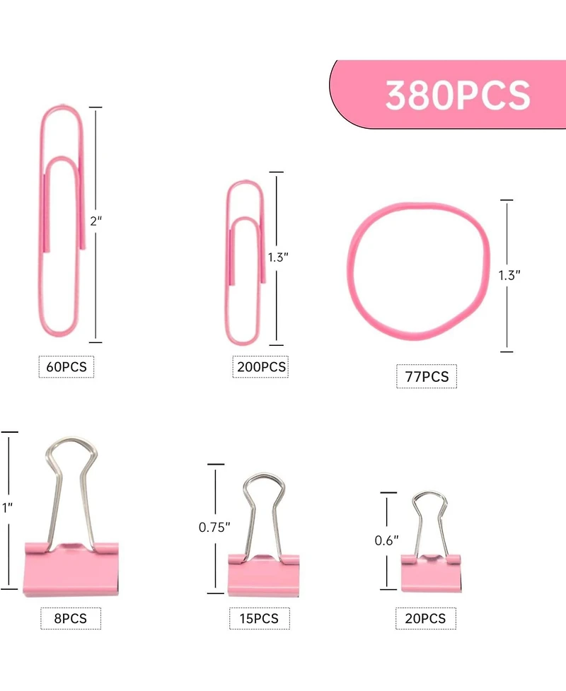 Danrong Binder Clips Paper Clips,380 Pcs Assorted Sizes Paperclips Paper Clamps Rubber Bands for Files, Papers, Home Supplies