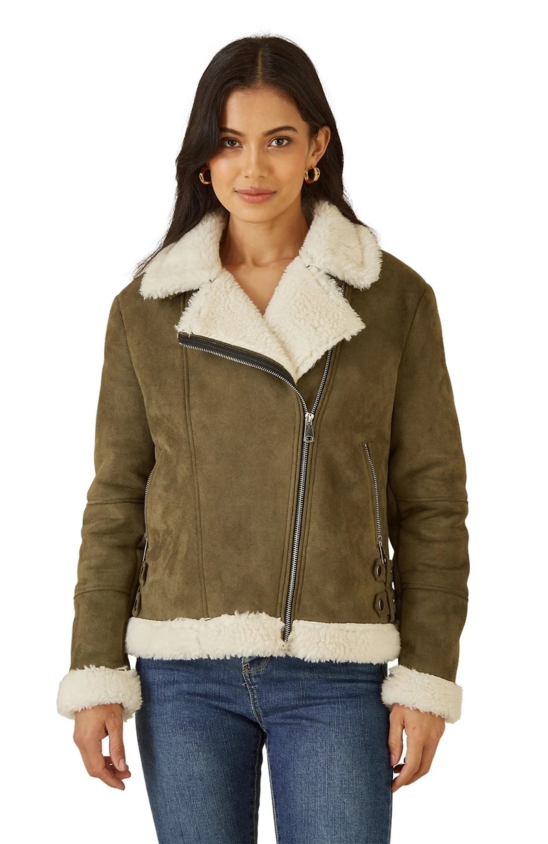 Yumi Women's Faux Suede Shearling Biker Jacket