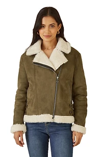 Yumi Women's Faux Suede Shearling Biker Jacket