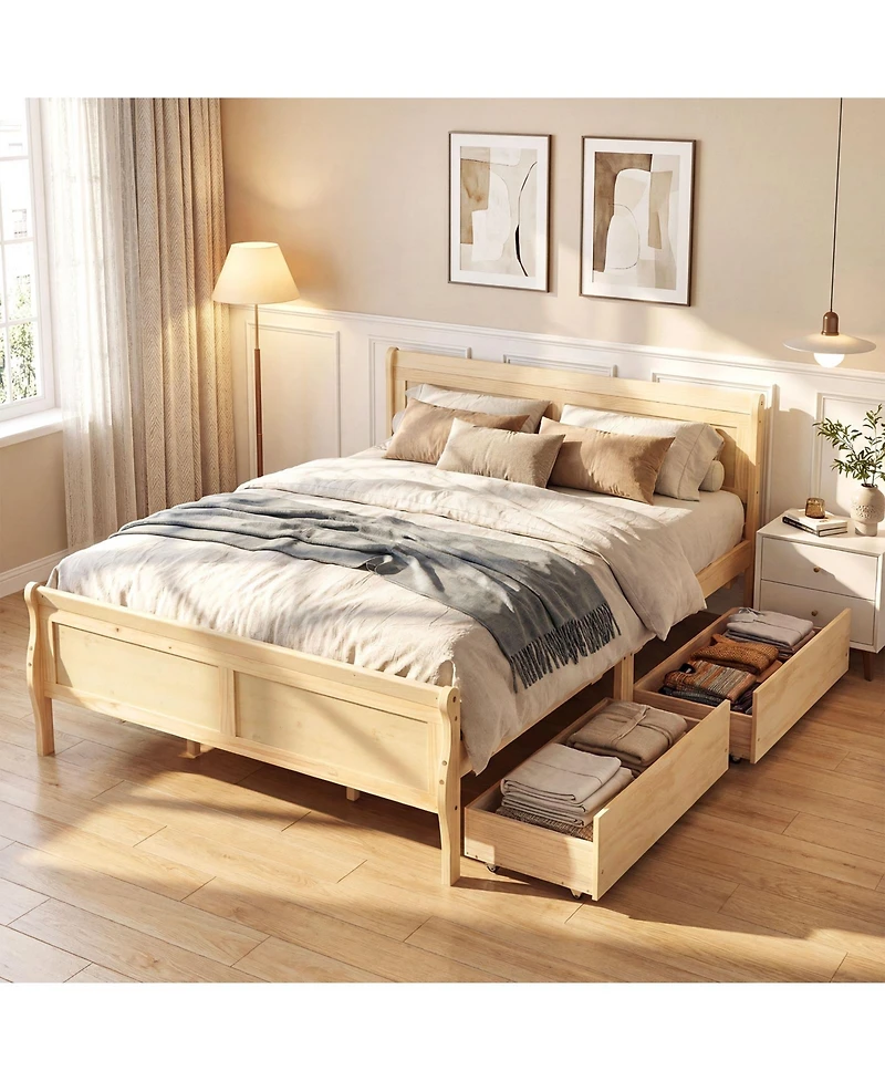 Costway Bed Frame with Storage Drawers, Wood Platform Headboard Footboard
