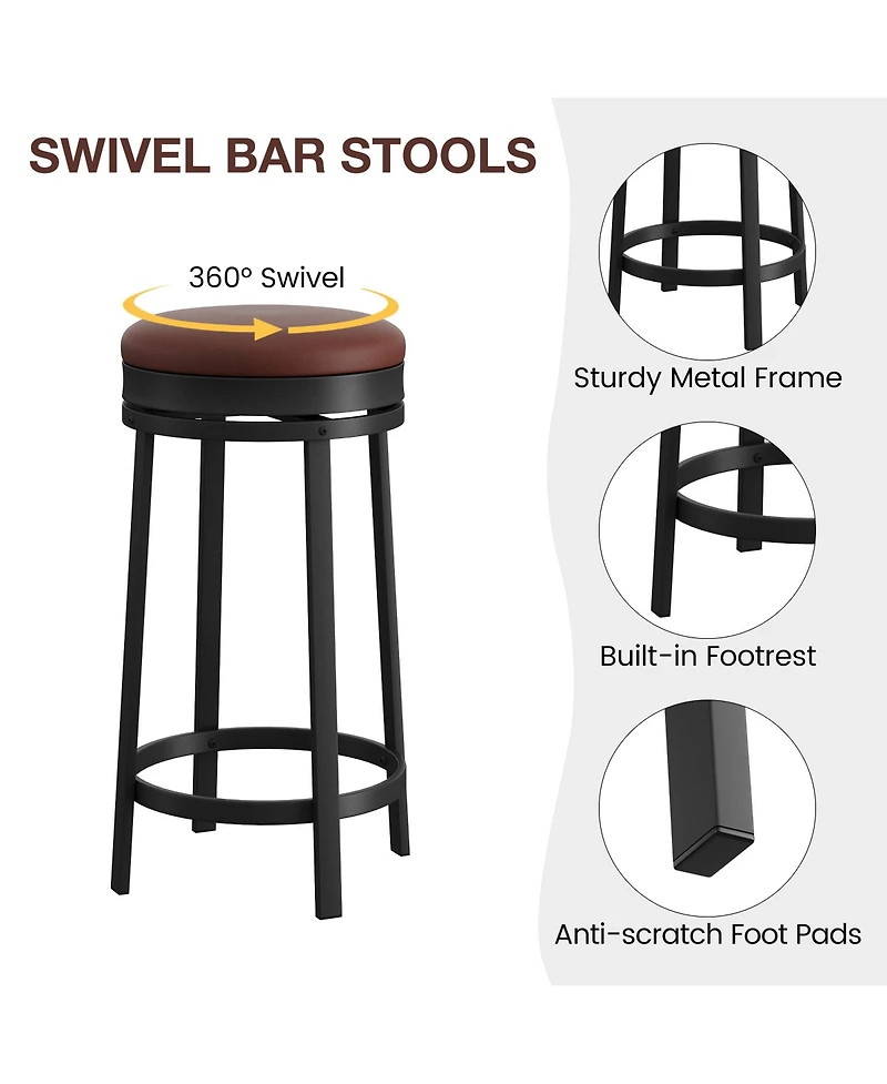 homfan Set of 2 24 Inch Swivel Counter Height Bar Stools, Backless Round Pu Leather Seat, Strong Metal Frame Modern Chairs for Kitchen
