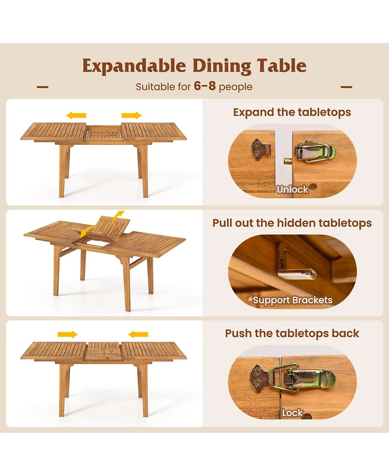 Sugift 9-Piece Acacia Wood Outdoor Patio Dining Set with Expandable Table