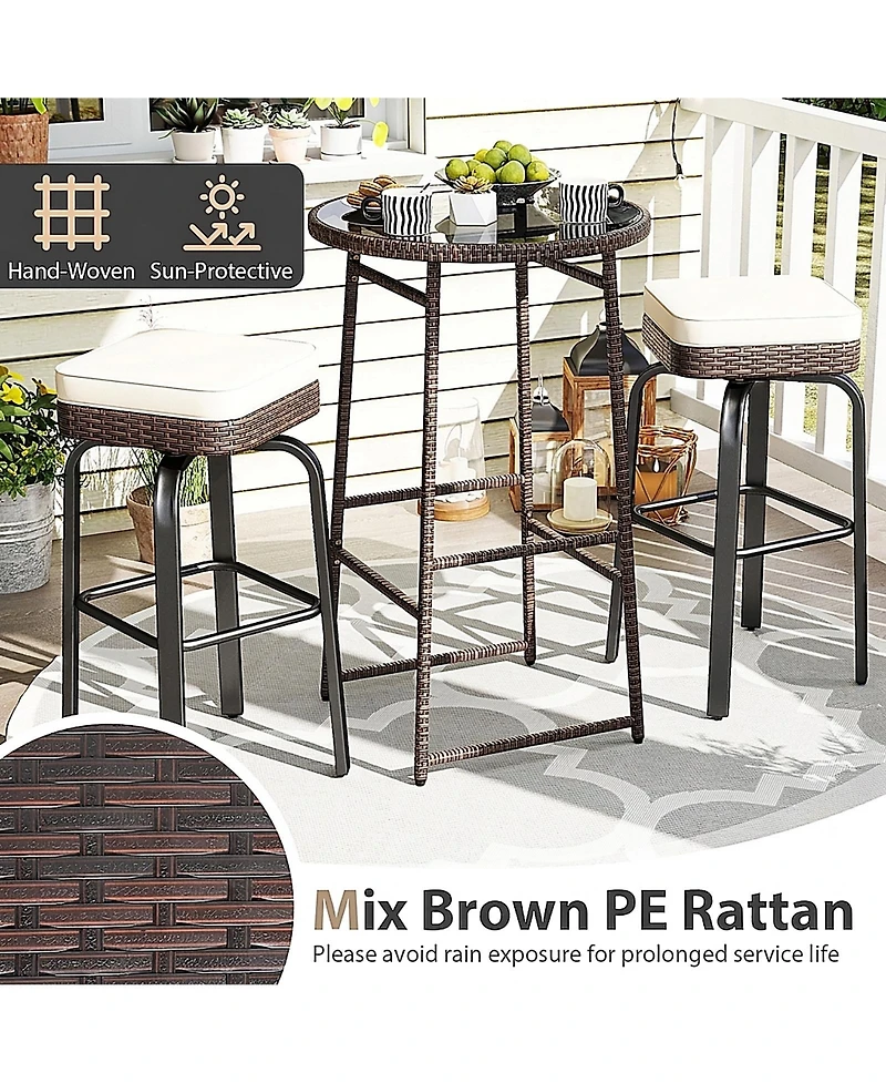 Sugift 3-Piece Outdoor Swivel Bar Set Pe Rattan Bar Height Table with 2 Chairs