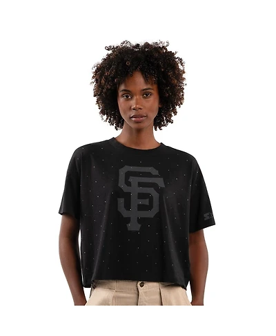 Starter Women's Black San Francisco Giants Rhinestone Sprinkle Boxy Cropped T-Shirt