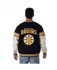 The Wild Collective Men's and Women's Black Boston Bruins Drop Shoulder Full-Snap Varsity Jacket