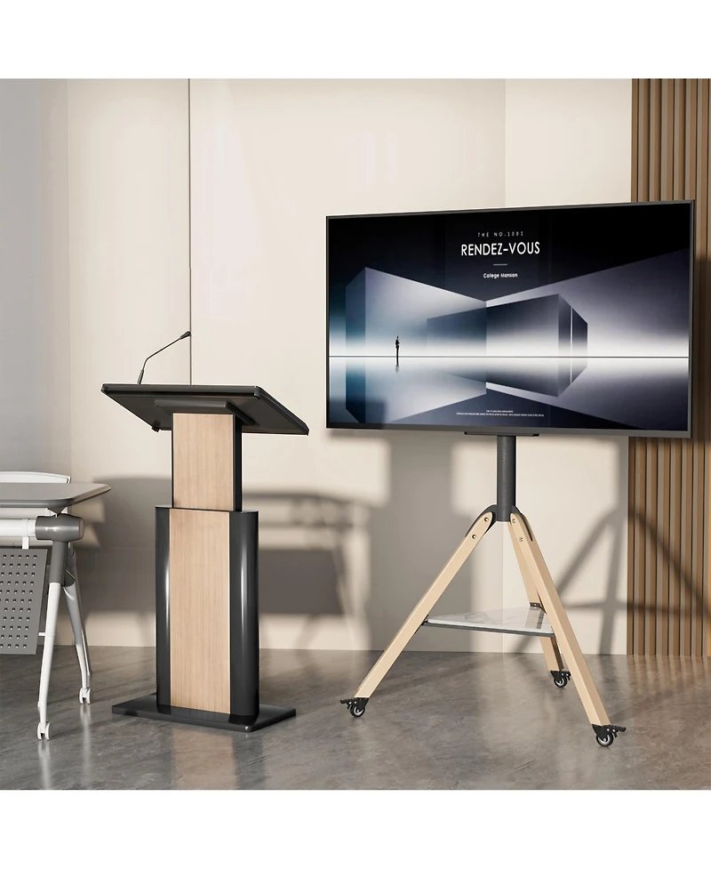 Unho Corner Floor Tv Stand with Wheels for 40-75 Inch Tvs, Wood Tripod TV Mount, Vesa 600x400 up to 88lbs