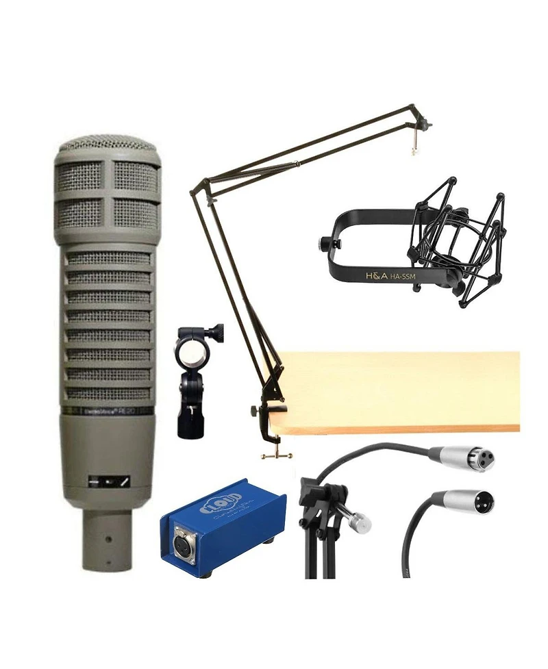 Electro-Voice RE20 Variable-d Dynamic Cardioid Mic - HandA Shock Mount, Cloud Cloudlifter Cl-1 Activator, Broadcast Arm with Xlr Cable