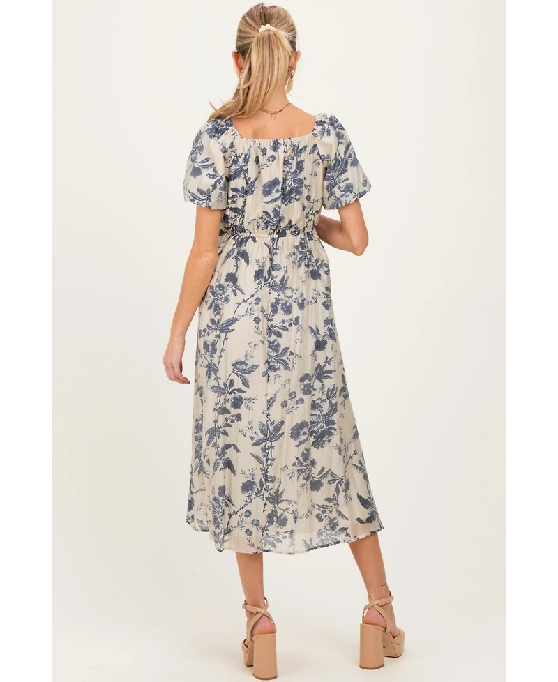 Pinkblush Maternity Navy Blue Floral Square Neck Puff Sleeve Midi Dress