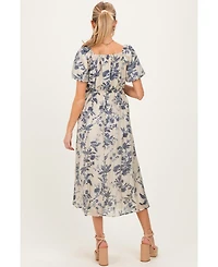 Pinkblush Maternity Navy Blue Floral Square Neck Puff Sleeve Midi Dress