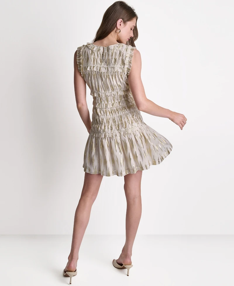 Bcbg Women's Sleeveless Smocked Gold Foil Ruffle Mini Dress