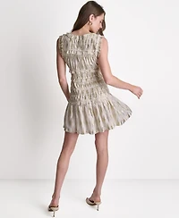 Bcbg Women's Sleeveless Smocked Gold Foil Ruffle Mini Dress
