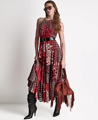 Bcbg Women's Patchwork Chiffon Halter Maxi Dress with Tiered Skirt