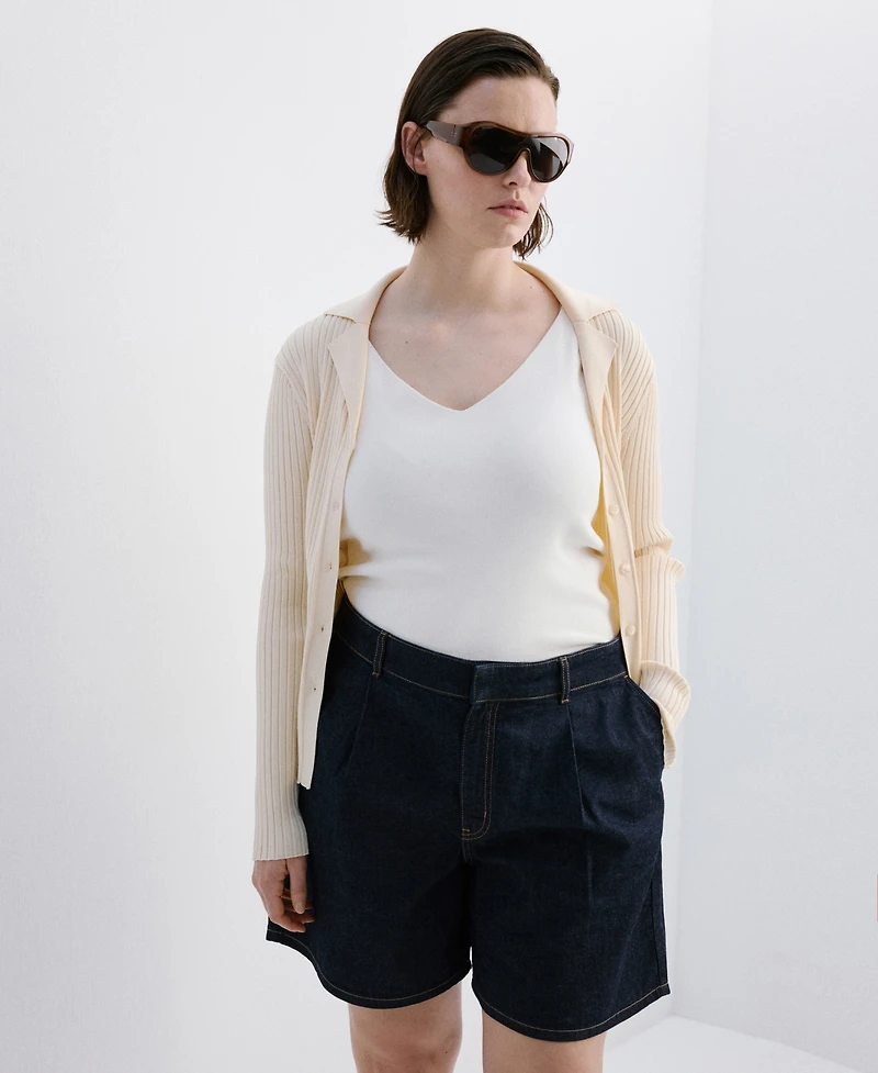Mango Women's Pleats Mid-Rise Denim Bermuda Shorts