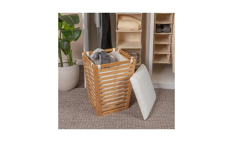 Household Essentials Slatted Natural Hamper with Cushioned Lid and Removable Cotton Bag, Natural