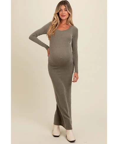Pinkblush Maternity Olive Ribbed Long Sleeve Side Slit Maxi Dress