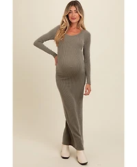Pinkblush Maternity Olive Ribbed Long Sleeve Side Slit Maxi Dress