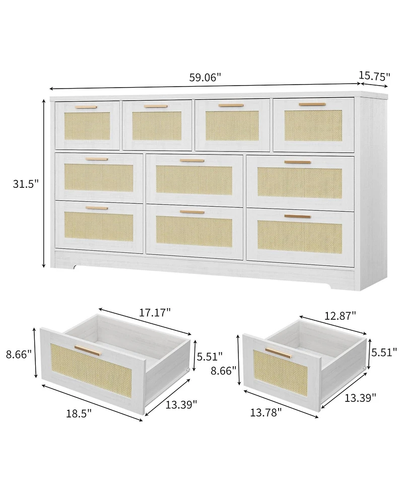 gaomon 10 Drawer Rattan Dresser for Bedroom, Modern Farmhouse Wooden Storage Cabinet with Handles