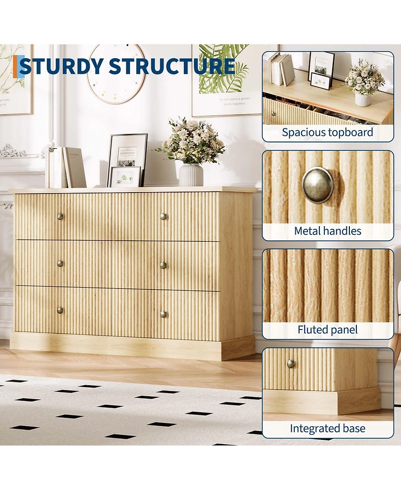 gaomon 6 Drawer Fluted Dresser Wide Modern Wood Storage Chest with Metal Handles for Bedroom Apartment