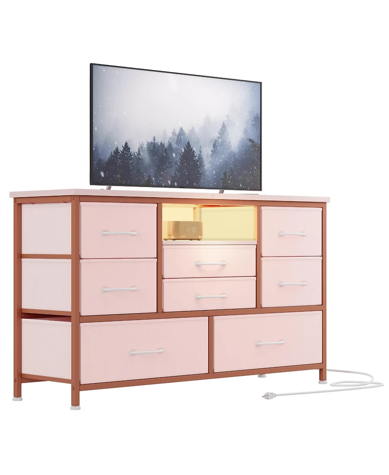 gaomon Tv Stand Dresser with 8 Fabric Drawers, Rgb Led Lights and Power Outlets, Wood-Top Console for TVs up to 55