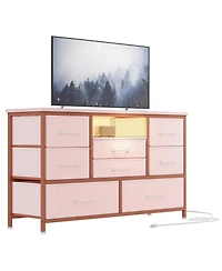 gaomon Tv Stand Dresser with 8 Fabric Drawers, Rgb Led Lights and Power Outlets, Wood-Top Console for TVs up to 55