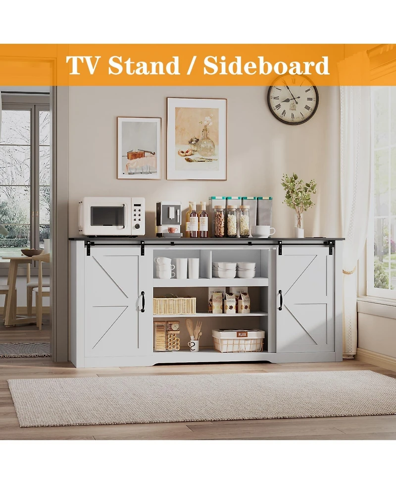 gaomon 70" Farmhouse Tv Stand for TVs up to 80", Entertainment Center with Sliding Barn Doors, Shelves and Charging Ports