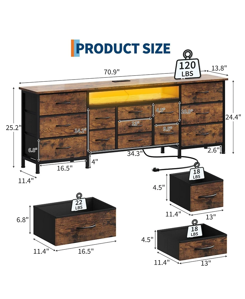gaomon 70" Dresser Tv Stand with 13 Fabric Drawers for 65-80" TVs, Entertainment Center Led Lights and Power Outlets