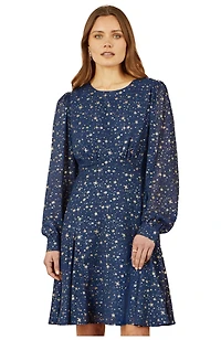 Yumi Women's Star Print Foil Long Sleeve Dress