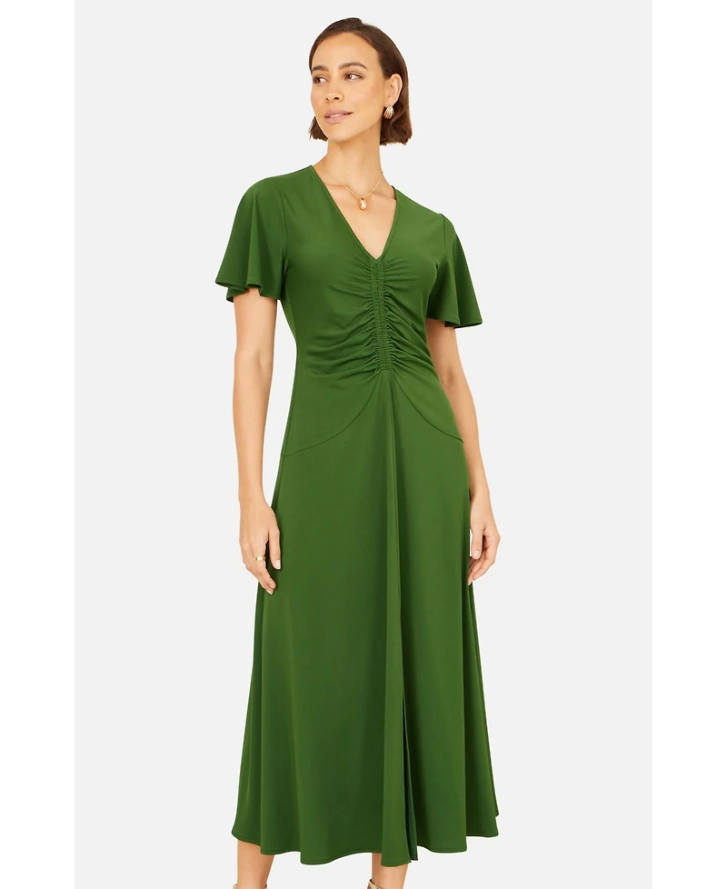 Yumi Women's Ruched Front Stretch Midi Dress