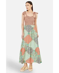 Yumi Women's Viscose Patchwork Ruched Maxi dress