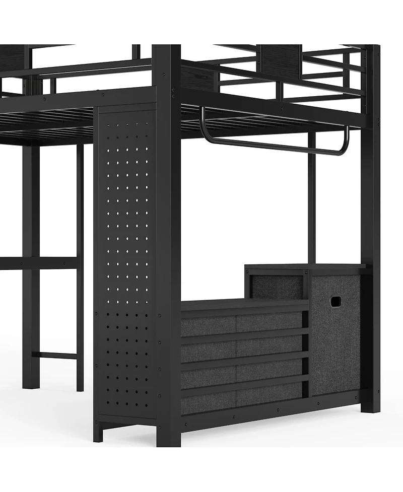 Streamdale Furniture Queen Loft Bed w/ Desk, Shelves, Pegboard, Laundry Bag