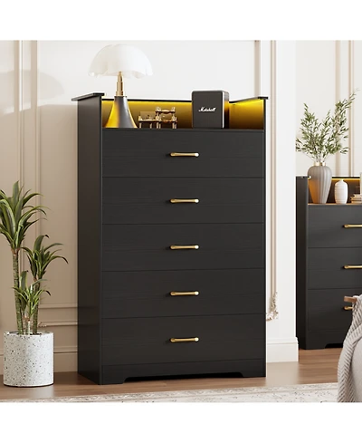 gaomon 5-Drawer Wooden Dresser with Led Lights and Power Outlet, Modern Closet Storage Cabinet for Bedroom, Living Room