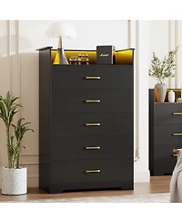 gaomon 5-Drawer Wooden Dresser with Led Lights and Power Outlet, Modern Closet Storage Cabinet for Bedroom, Living Room