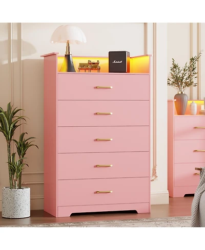 gaomon 5-Drawer Wooden Dresser with Led Lights and Power Outlet, Modern Closet Storage Cabinet for Bedroom, Living Room