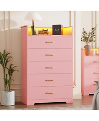 gaomon 5-Drawer Wooden Dresser with Led Lights and Power Outlet, Modern Closet Storage Cabinet for Bedroom, Living Room