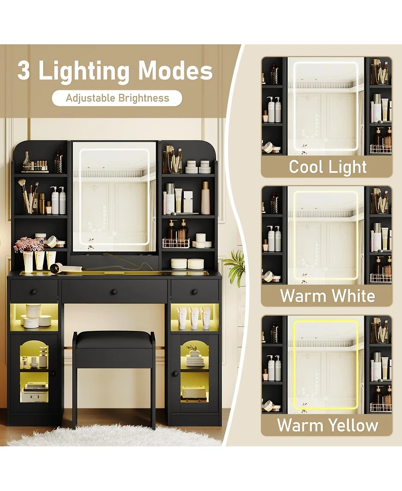 Streamdale Furniture 43.2 inches Vanity Desk with Led Mirror, Rgb Lights, Storage and Stool