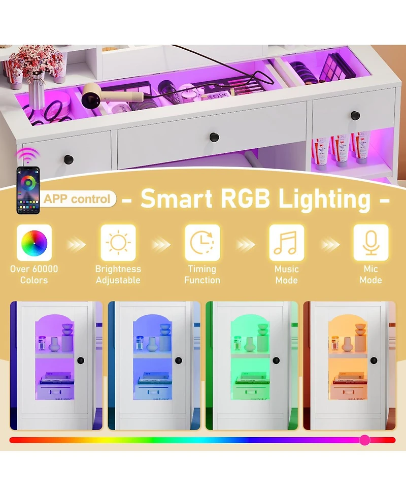 Streamdale Furniture Led Vanity Desk with Mirror, Rgb Lights, Storage, and Stool
